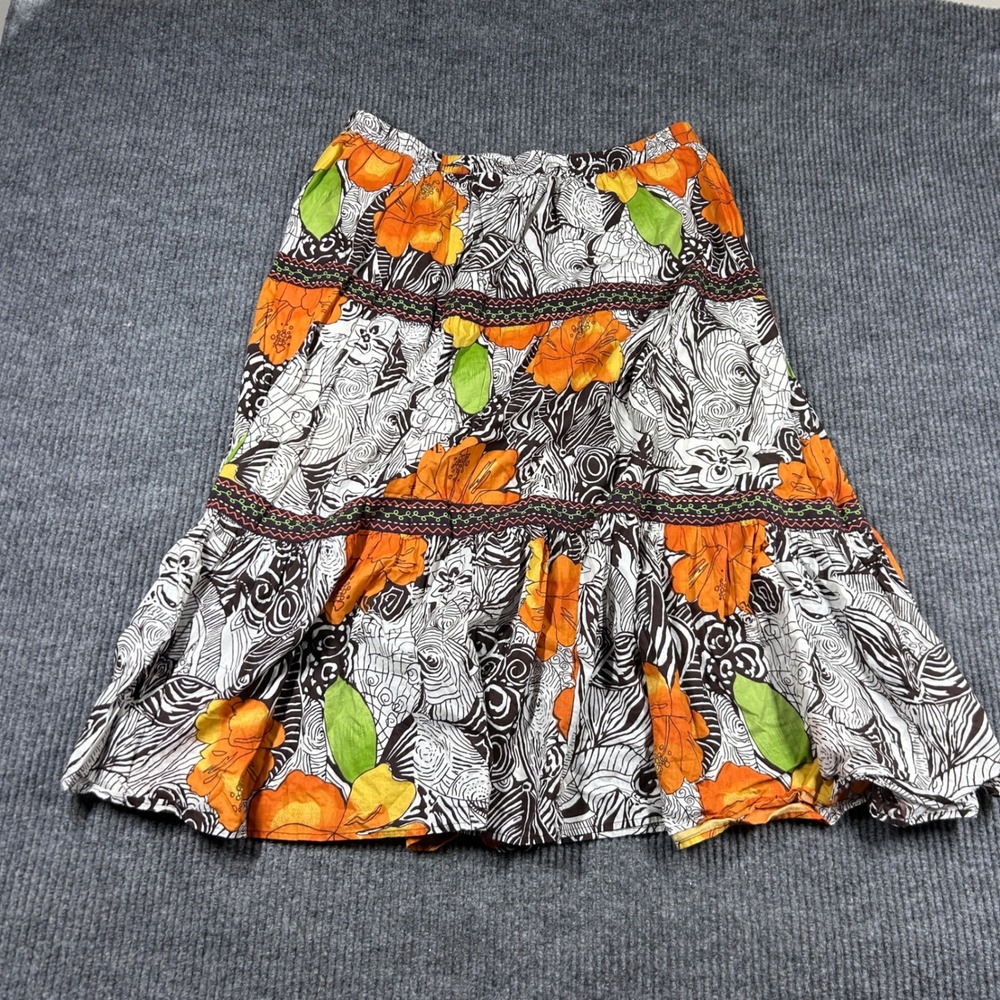 Choices Skirt Women's 1XFloral Tiered Midi Orange Black White Cotton Plus